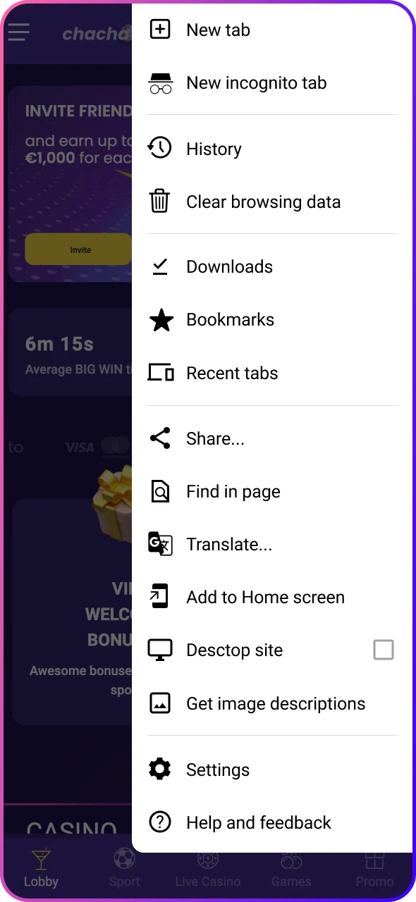 Open the menu on your device on ChaChaBet page.
