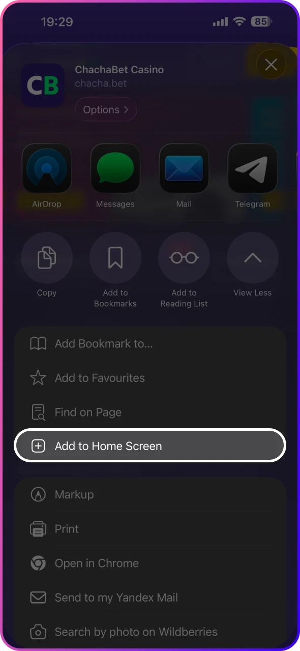 Click Add to Home Screen button on ChaChaBet menu.
