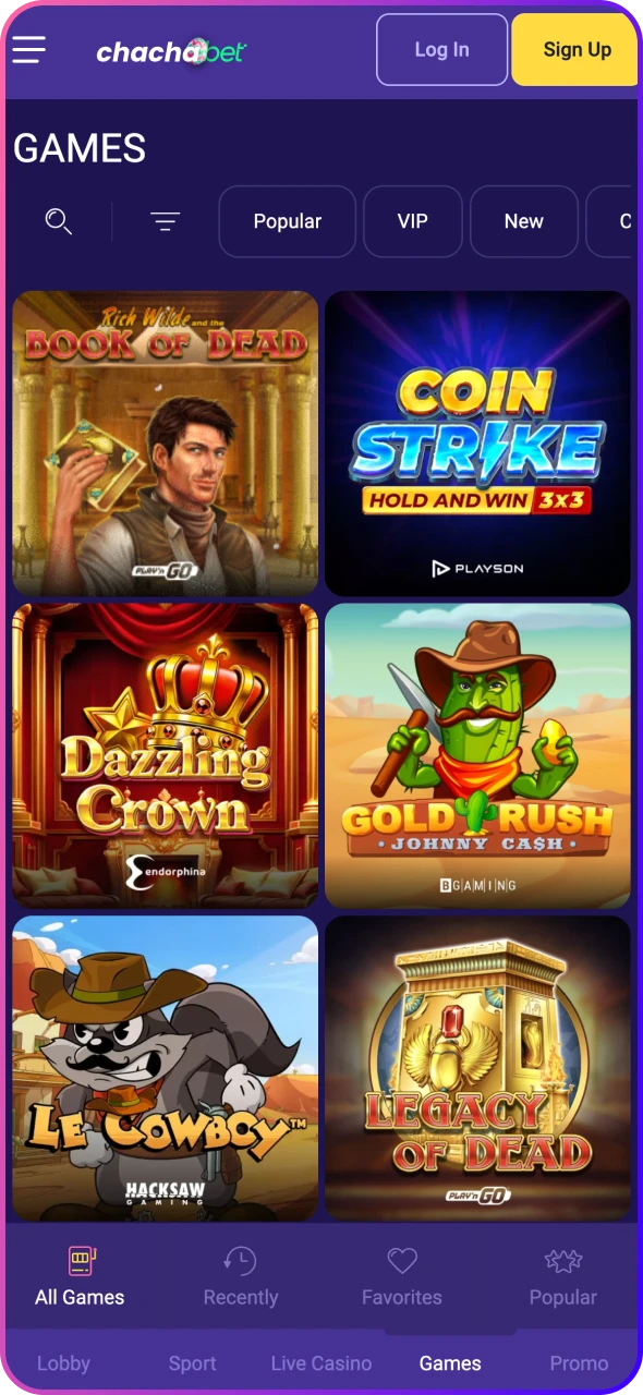 Play casino games directly from ChaChaBet application.