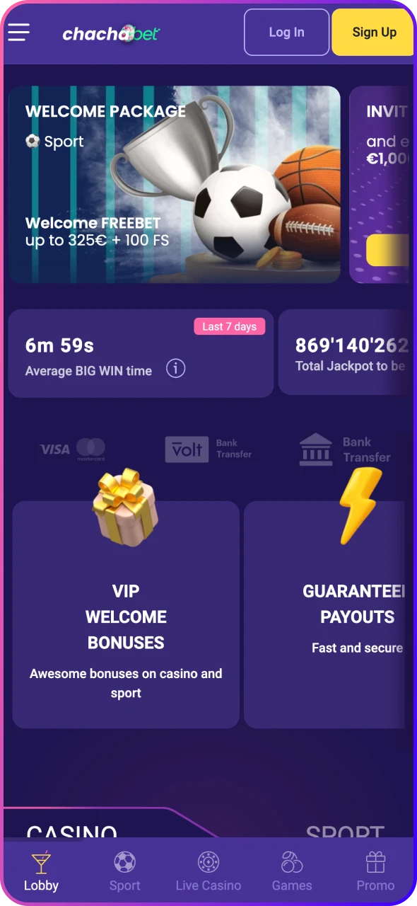 Visit the main page of ChaChaBet platform on app.