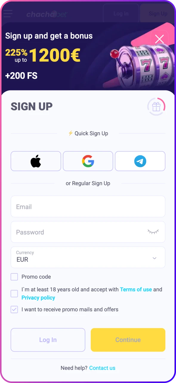 Start register process on ChaChaBet application.