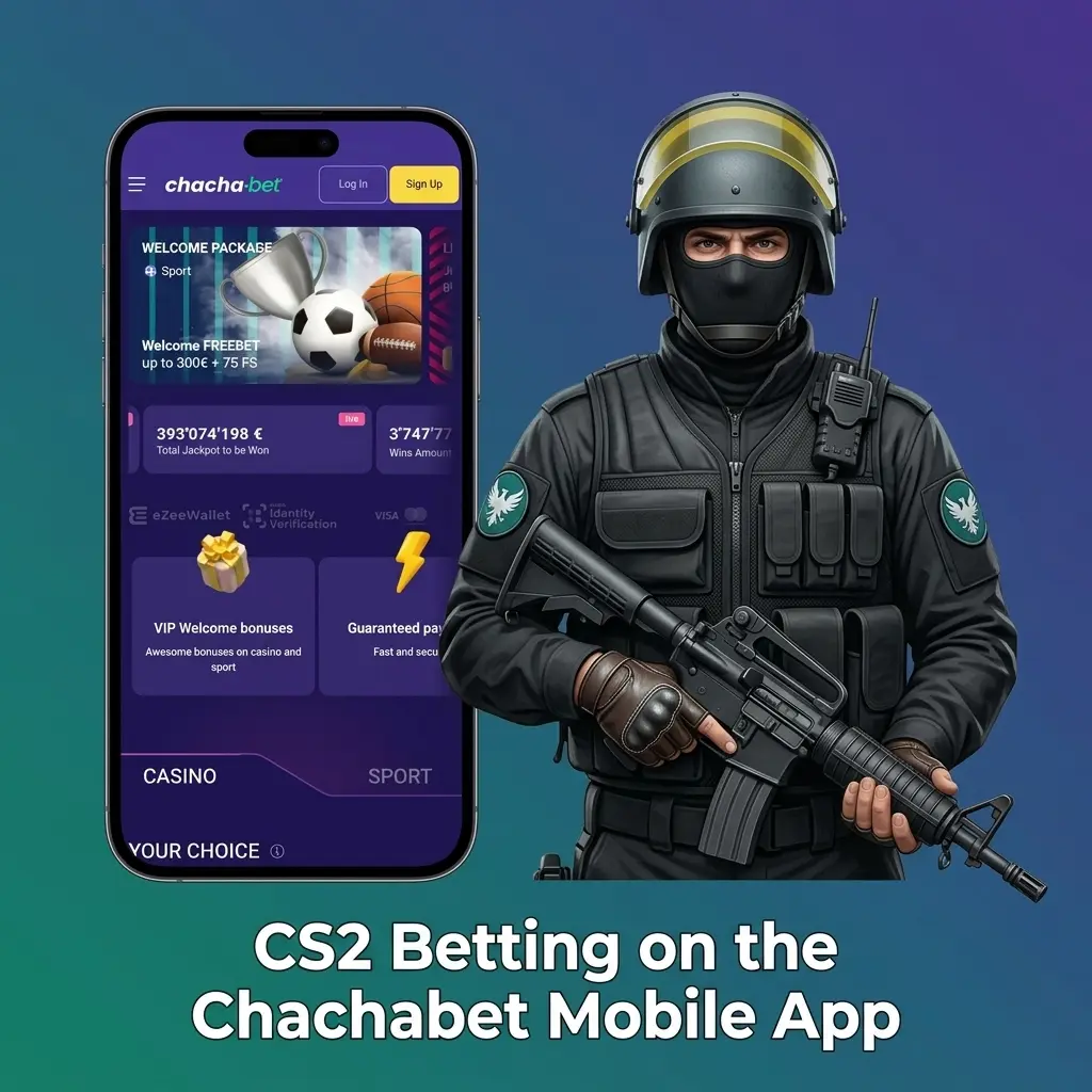 CS2 betting on the Chachabet mobile app showing esports markets, live betting, and account management on smartphone
